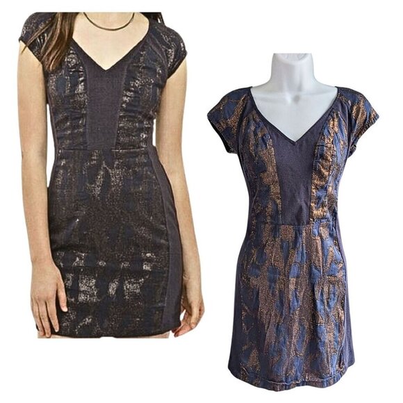 Urban Outfitters STARING AT STARS Navy & Copper Lurex Bodycon Mini Dress Size M - Picture 1 of 8